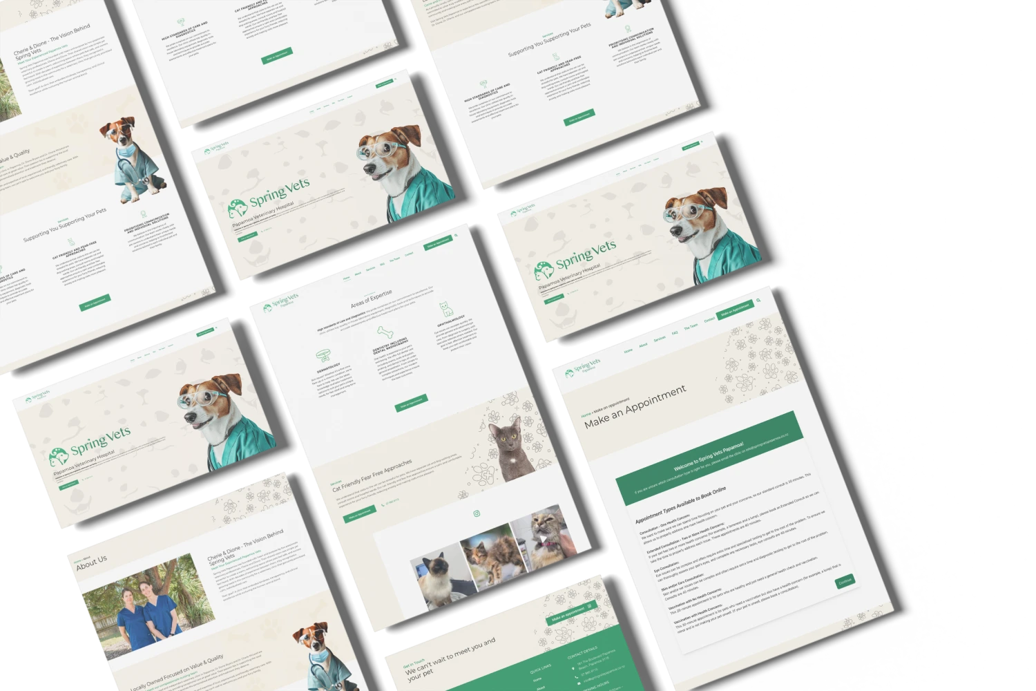 Pages of the Spring Vets Papamoa website laid out as a collage