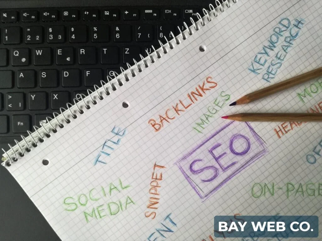 SEO tips notebook showing keywords like backlinks, on-page SEO, and keyword research with Bay Web Co branding