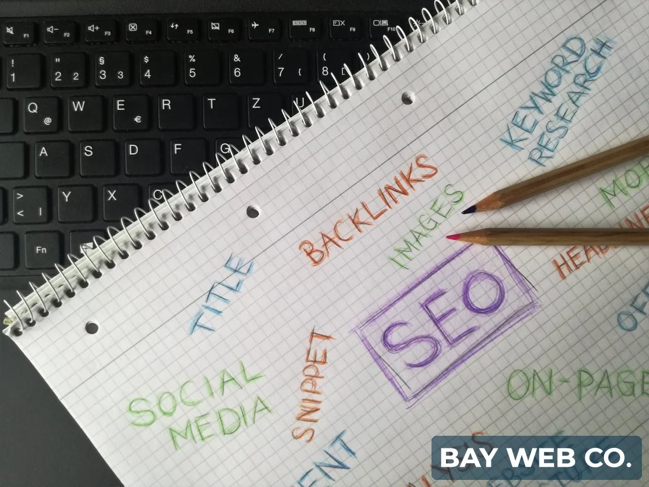 SEO tips notebook showing keywords like backlinks, on-page SEO, and keyword research with Bay Web Co branding